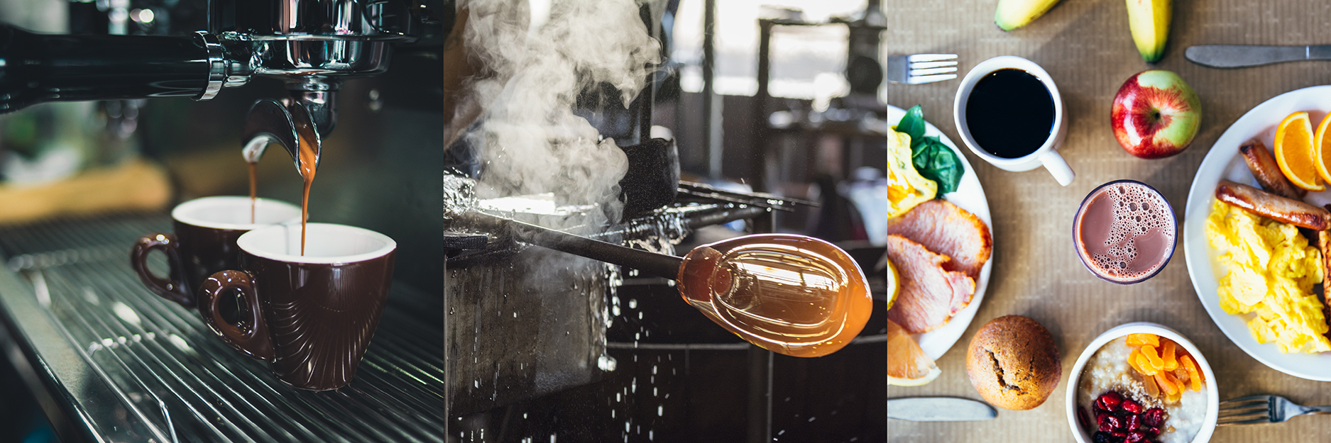 A photograph of espresso machine, glass blowing workshop and a breakfast table